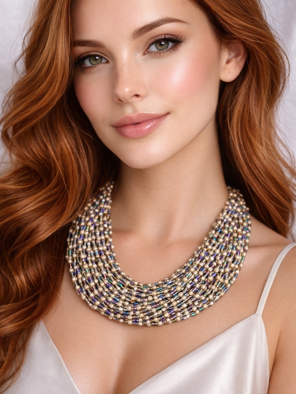 Vintage Carnival Glass Seed Bead Multi Strand Necklace Iridescent Statement
